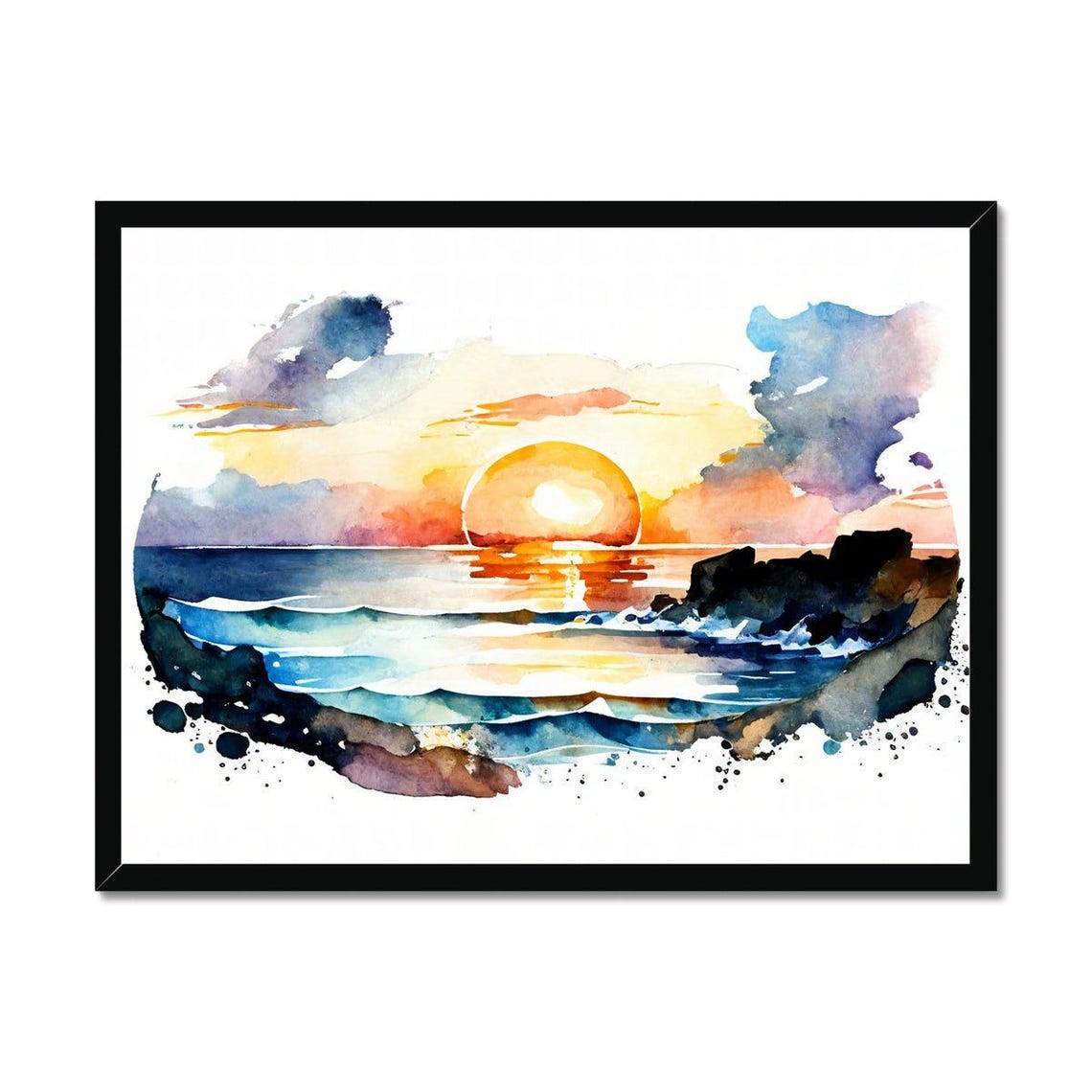 Vibrant Golden Ocean Sunset Watercolor Beach Waves Seascape Poster