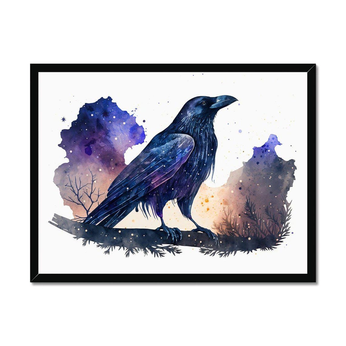 Watercolor Crow On Branch Starry Night Galaxy Sky Bird Poster