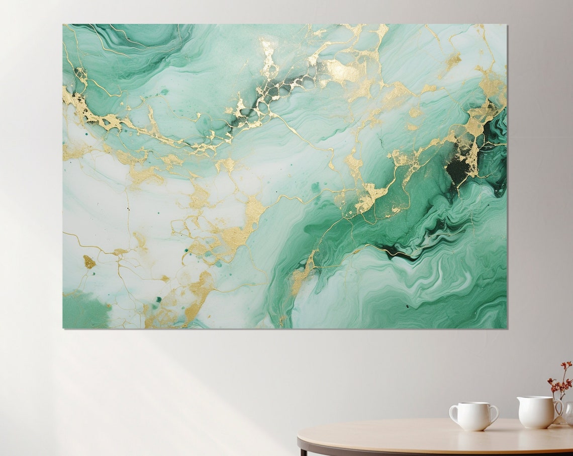 Green White Marble Gold Swirls Luxury Abstract Modern Wall Art Poster