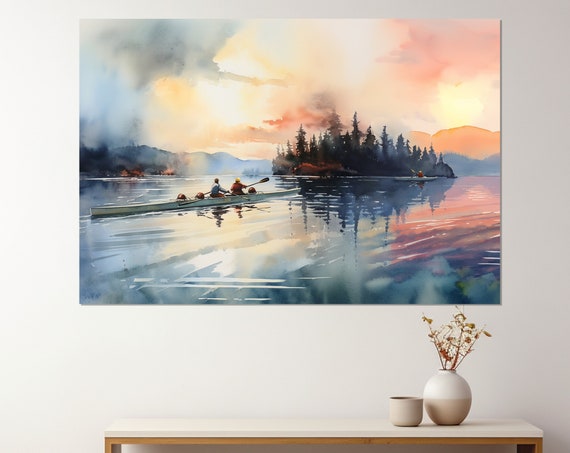 Rowers On The Foggy Lake Painting Print Rowing Wall Art Rowing Painting Rower Gift Boating Art Framed And Ready To Hang