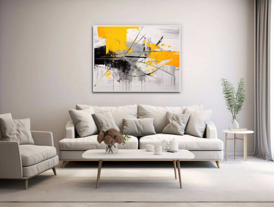 Yellow Black White Bold Abstract Expressionist Modern Dynamic Wall Art - Image 3