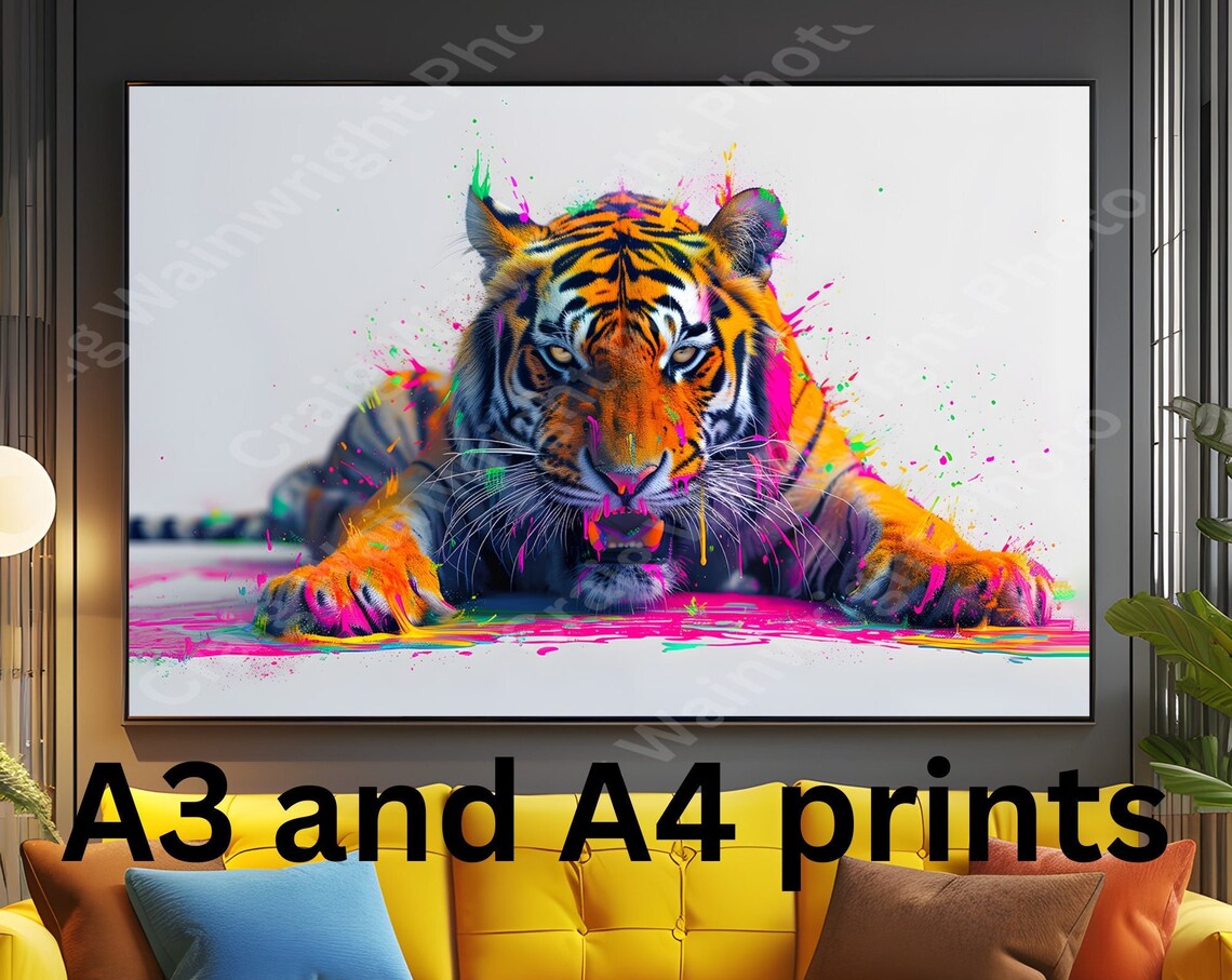 Tiger Colorful Paint Splash Crouched Big Cat Wildlife Bold Poster