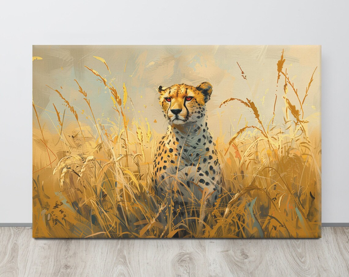 Savannah Cheetah In Golden Grass Wildlife Artistic Painting Poster - Image 3