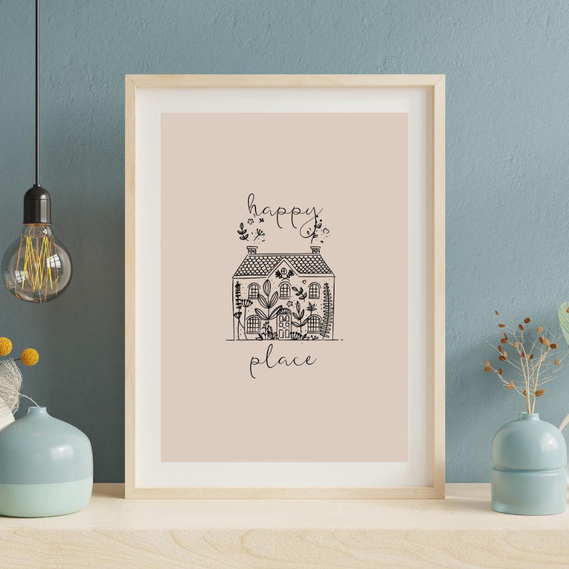 Happy Place Cozy Cottage House Botanical Line Illustration Poster
