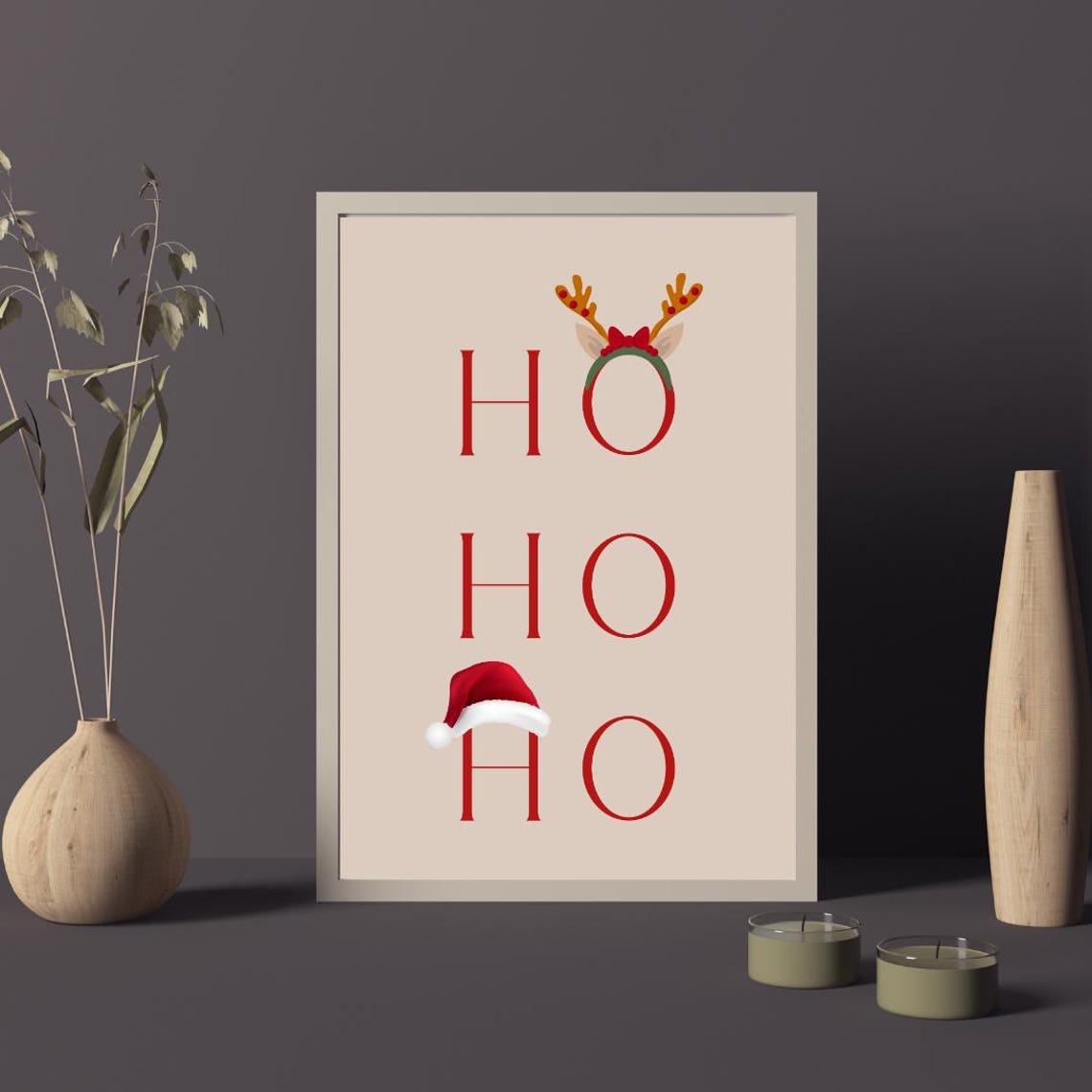 Ho Ho Ho Reindeer Antlers Santa Hat Christmas Typography Poster - Image 2