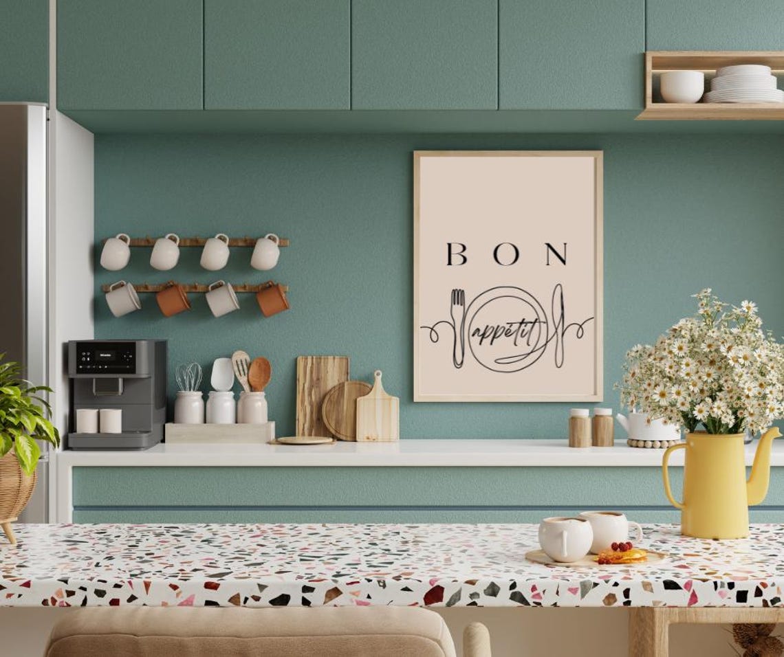 Bon Appetit Continuous Line Plate Beige French Kitchen Poster - Image 2
