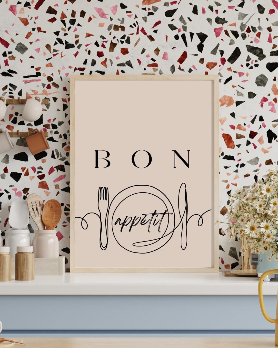 Bon Appetit Continuous Line Plate Beige French Kitchen Poster