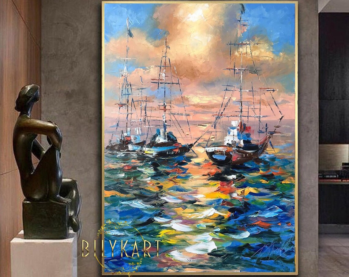 Large Boat At Sunset Oil Painting Original Colorful Seascape Paintings On Sailboat Framed Art Large Abstract Yacht Paintings For Sale