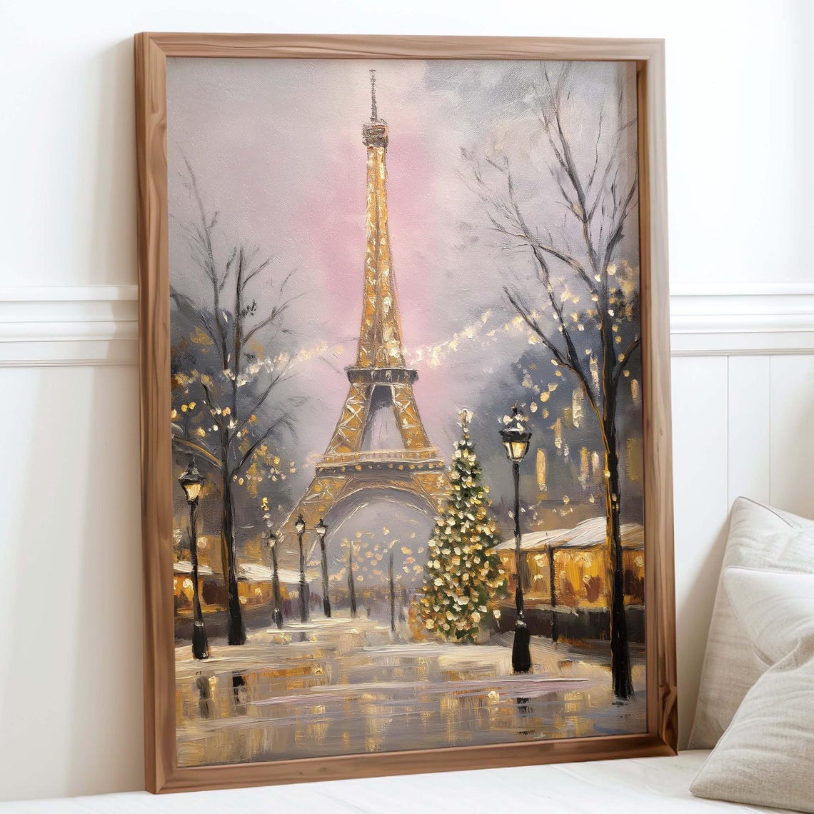 Paris Eiffel Tower Christmas Snow Night Vintage Painting Poster