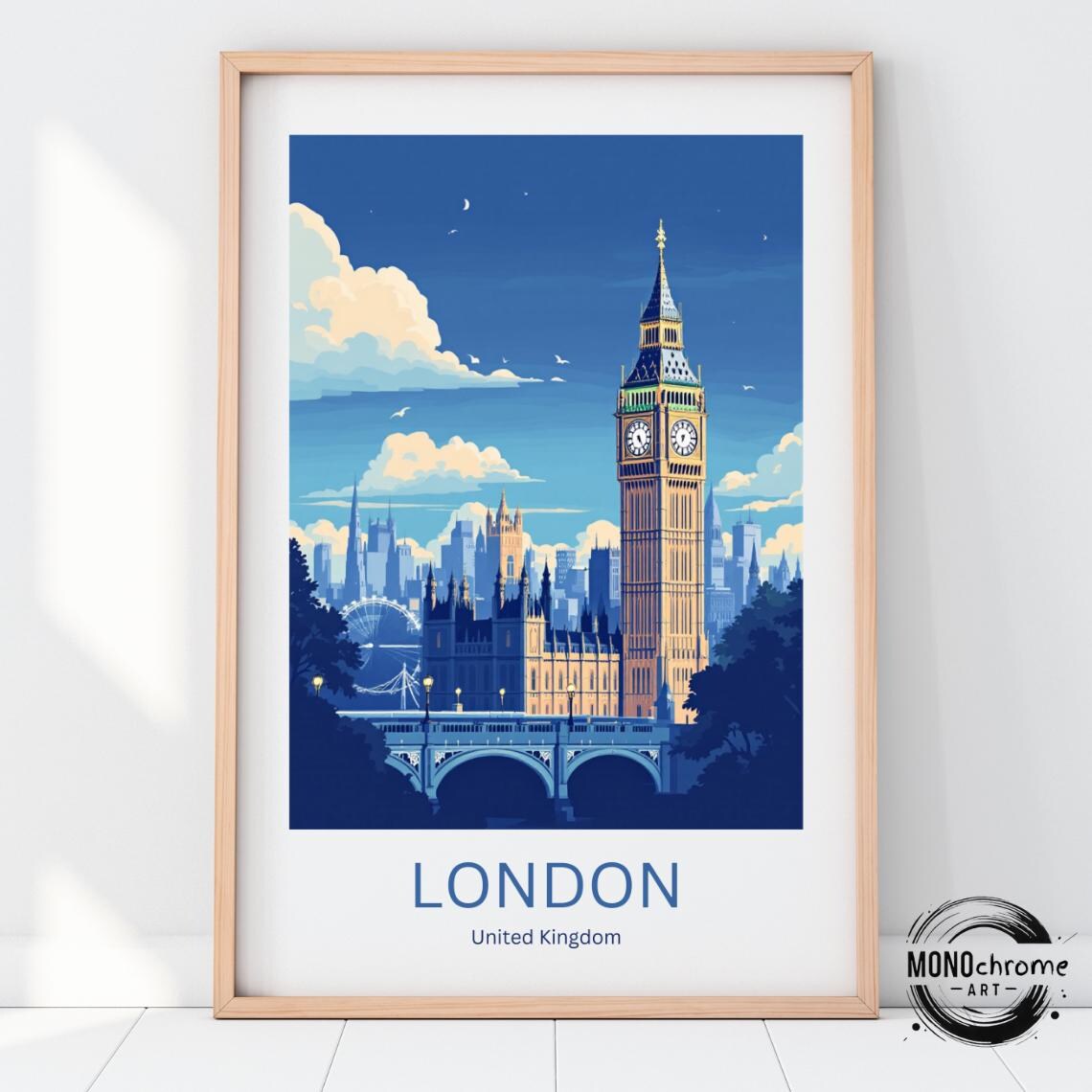 London Travel Poster, Big Ben and Tower Bridge