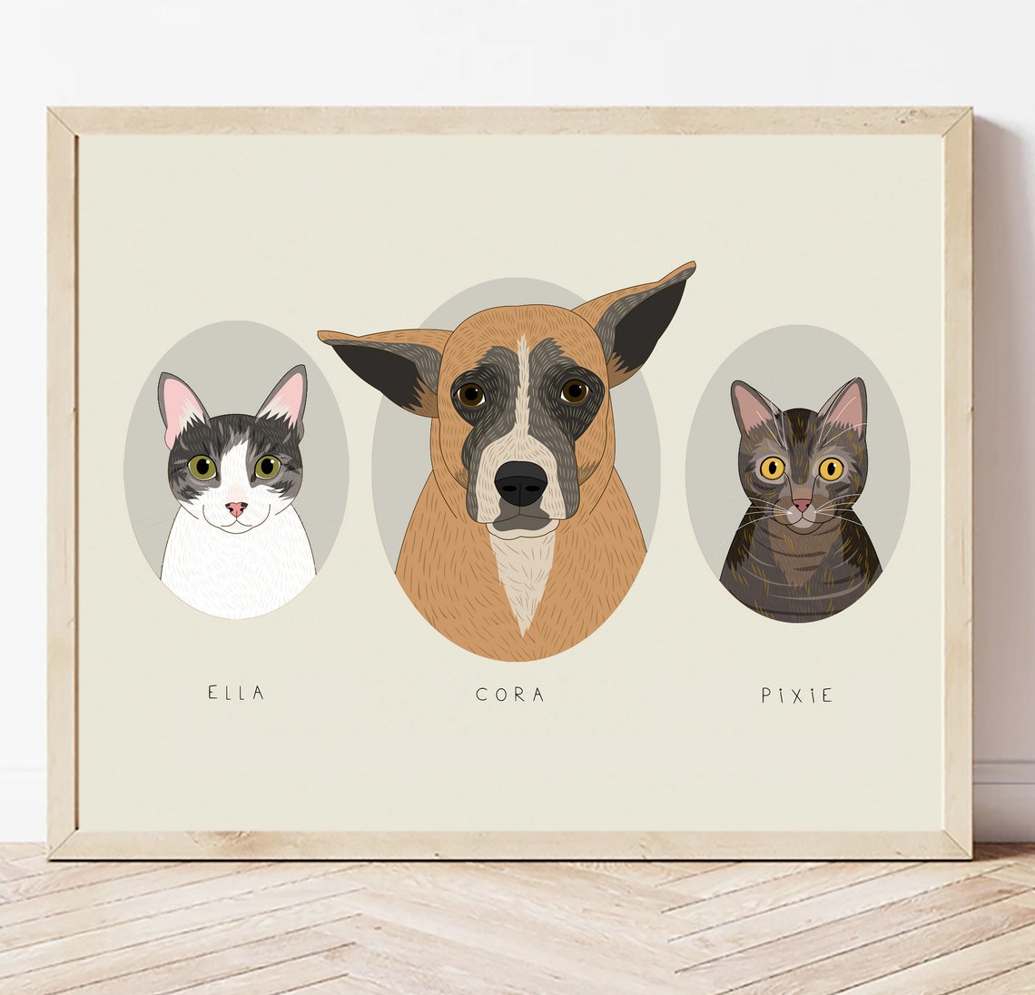 Personalized Three Pet Portrait in Oval Frames Custom Dog Cat Poster - Image 3
