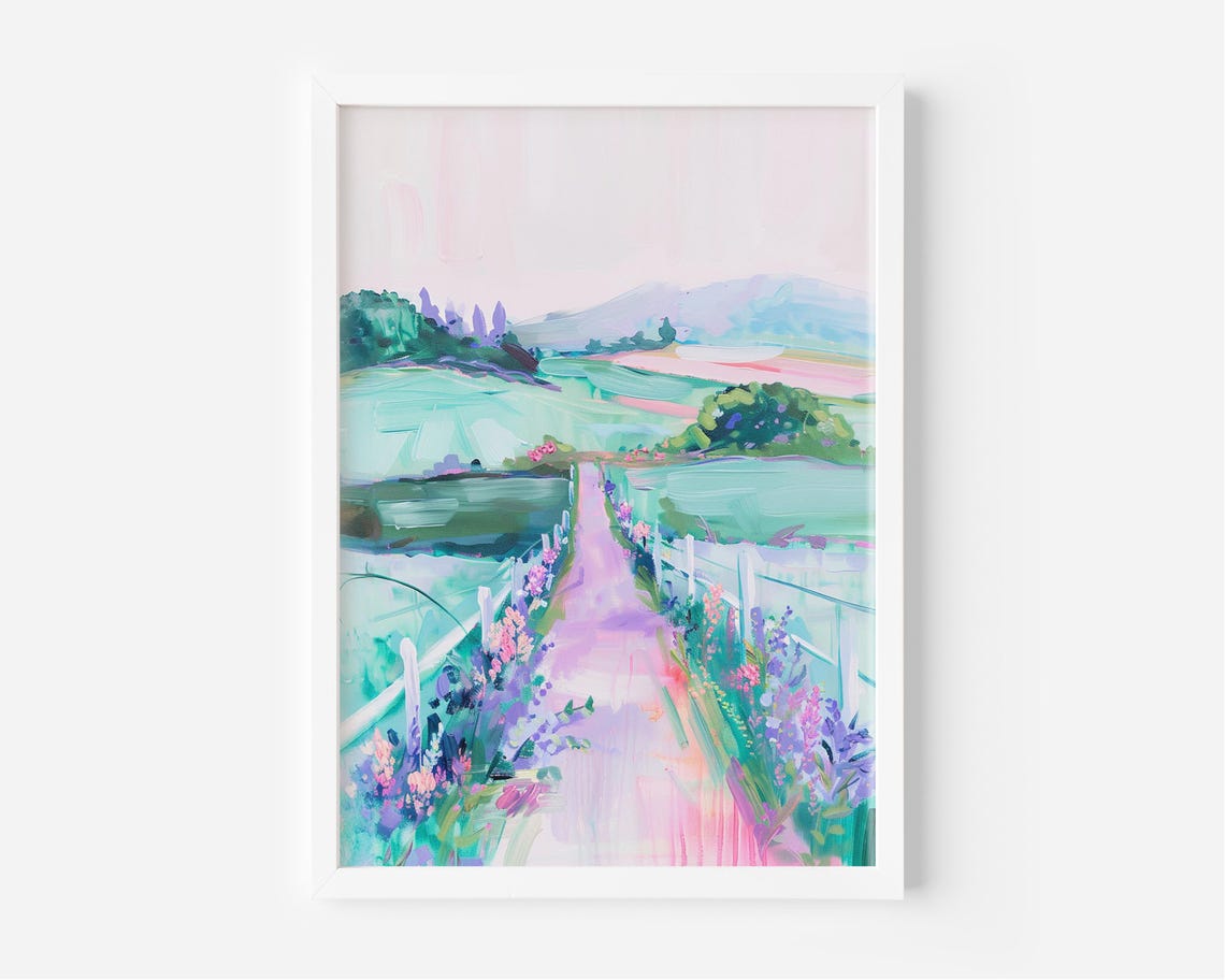 Flower Lined Country Lane Pastel Painting Pink Blossom Path Poster