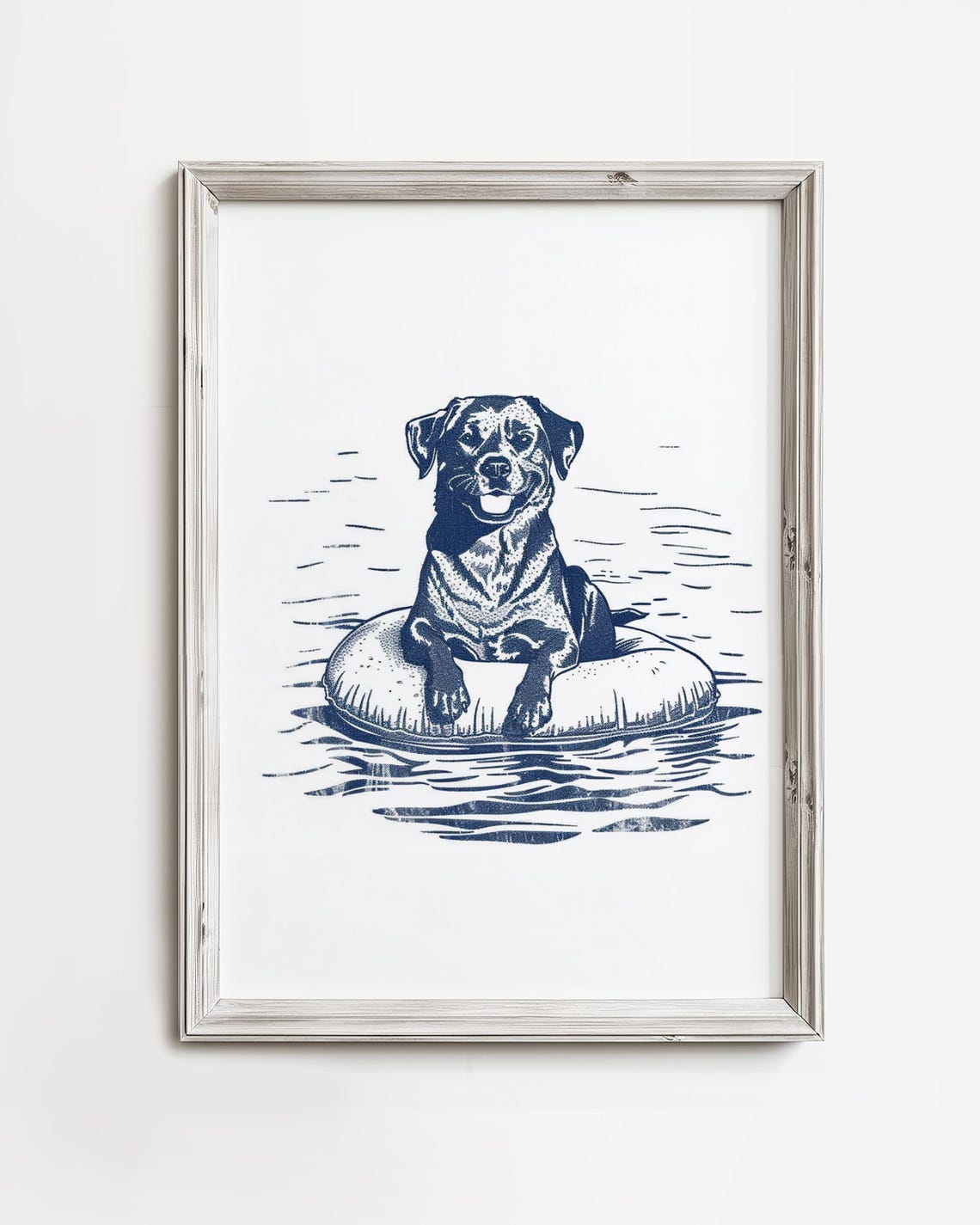 Happy Dog Floating Inner Tube Navy Line Art Coastal Beach Poster