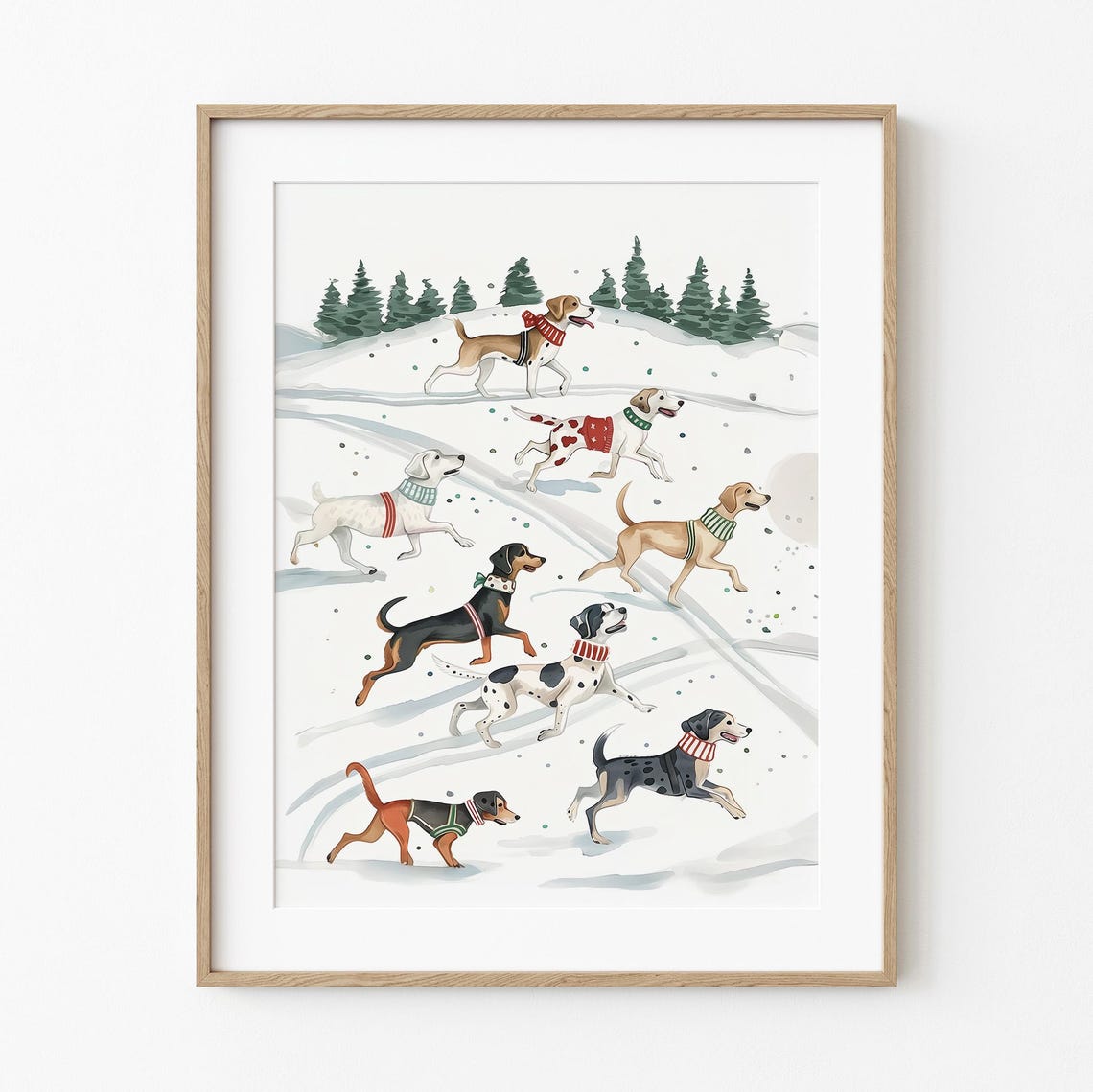 Dogs Running in Snow Wearing Festive Sweaters Christmas Poster
