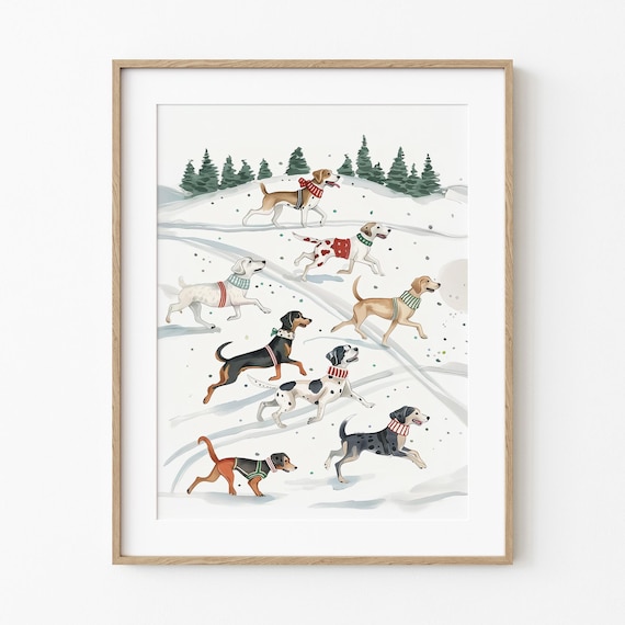 Dogs Running in Snow Wearing Festive Sweaters Christmas Poster