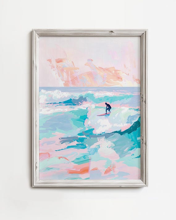 Surfer Riding Barrel Wave Colorful Pastel Painting Pink Blue Coastal Artwork Abstract Girly Art Wall Decor