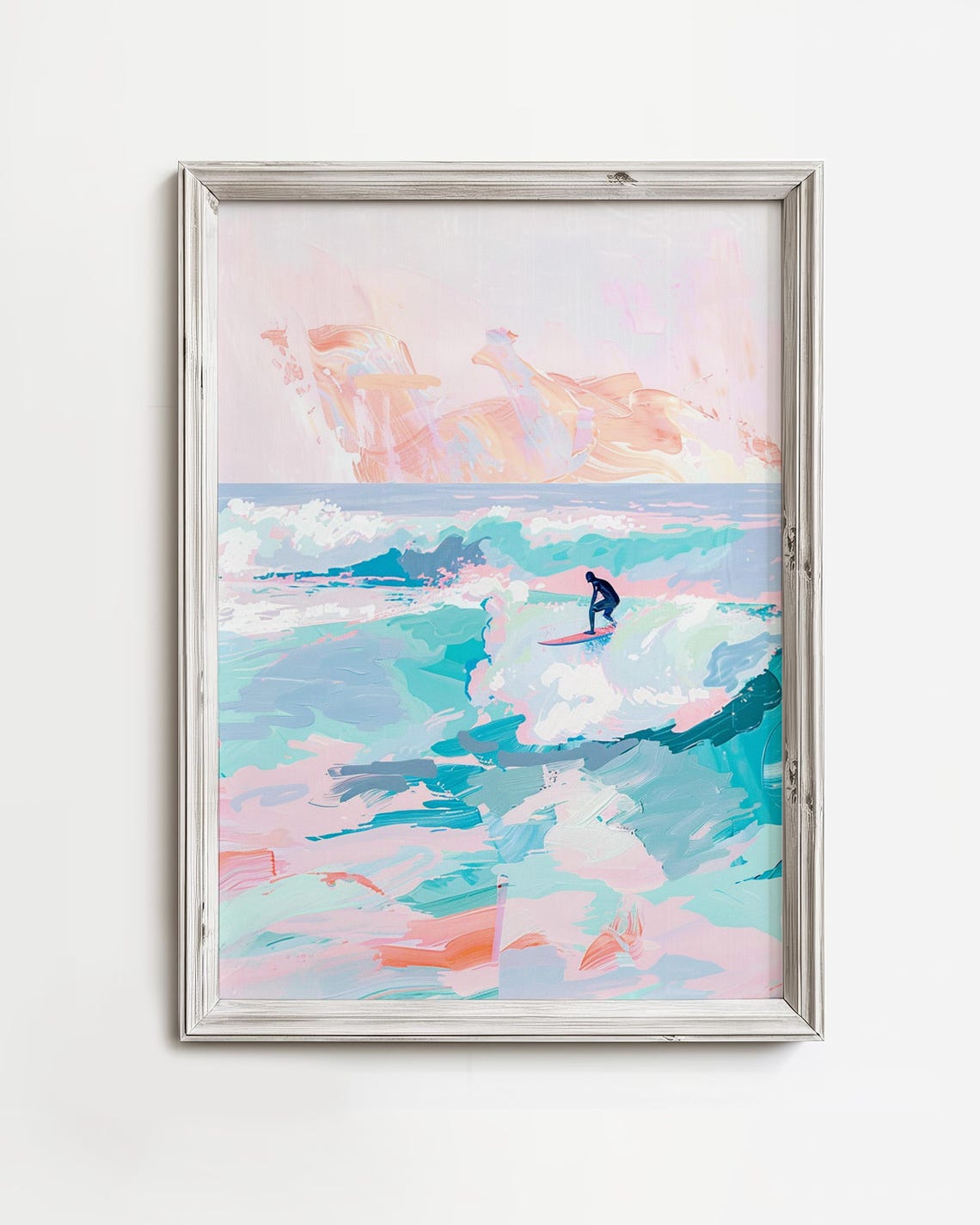 Surfer Riding Pink Ocean Wave Colorful Pastel Painting Poster