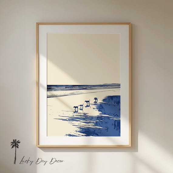 Dogs Walking Beach Blissful Art Dog Lover Print Minimalist Decor Walker Rustic Blue Sketch Coastal Ocean Cottage