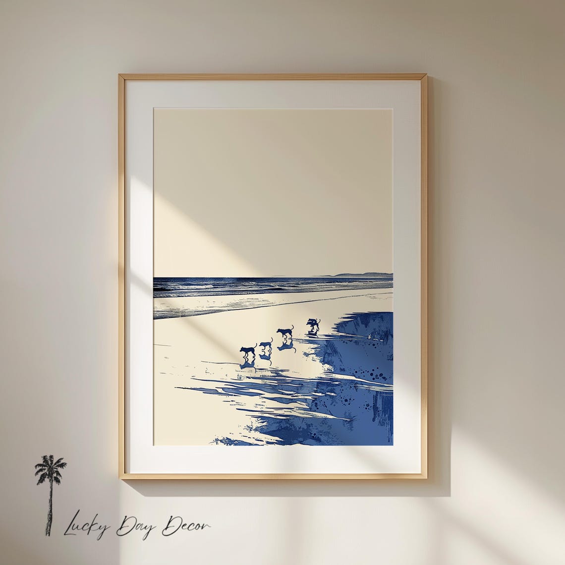 Three Dogs Running Beach Blue Minimal Ocean Illustration Poster