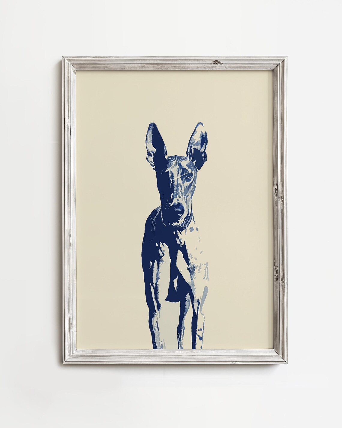 Happy Doberman Dog Portrait Blue Ink Standing Coastal Art Poster