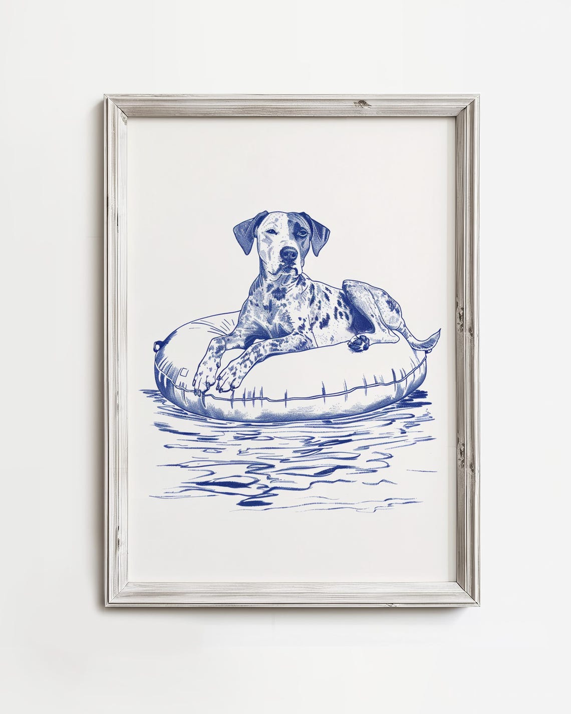 Playful Dalmatian Lounging On A Pool Float Blue Ink Sketch Print