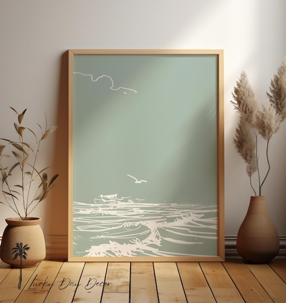 Minimalist Ocean Waves Line Drawing Sage Green Coastal Abstract Print