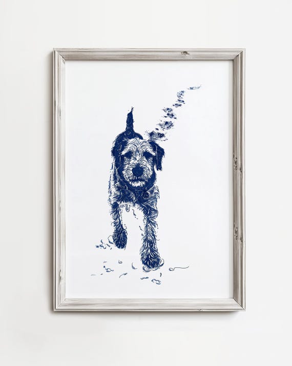 Doodle Dog Beach Path Delightful Coastal Art Happy Berna Lake Cottage Water Decor Minimalist Blue Sketch Print