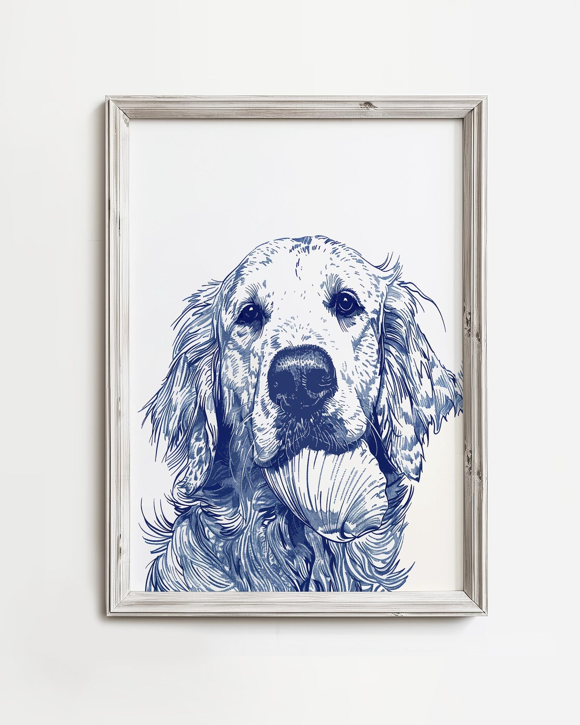 Golden Retriever Seashell Blue Ink Sketch Coastal Dog Poster