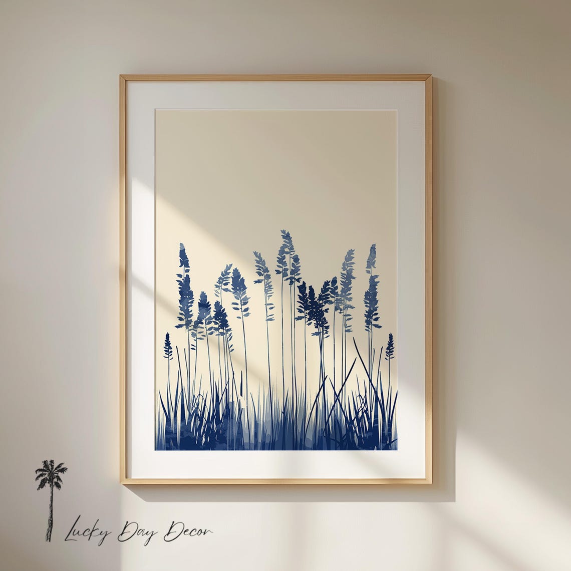 Minimalist Blue Beach Grass Silhouette Cream Botanical Wall Art