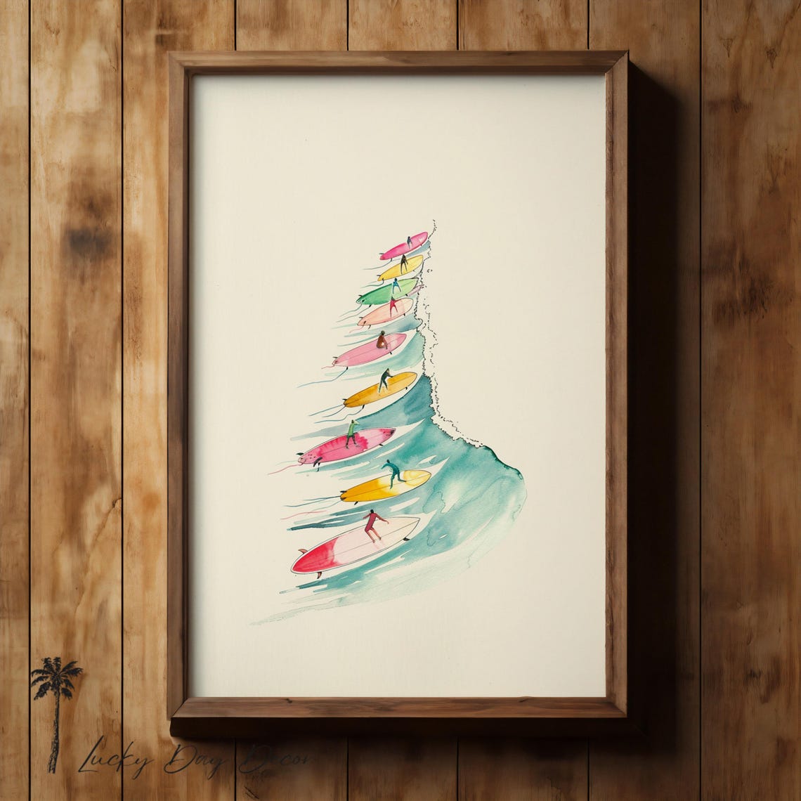 Surfers On Colorful Longboards Riding One Wave Watercolor Poster