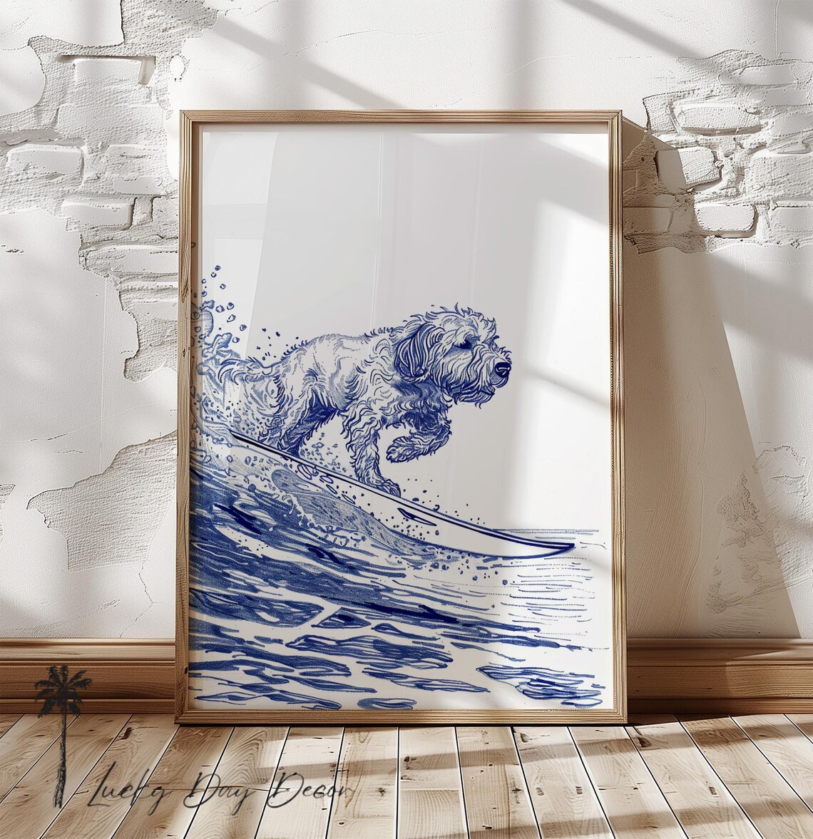 Surfing Dog Happy Doodle Sketch Art Print