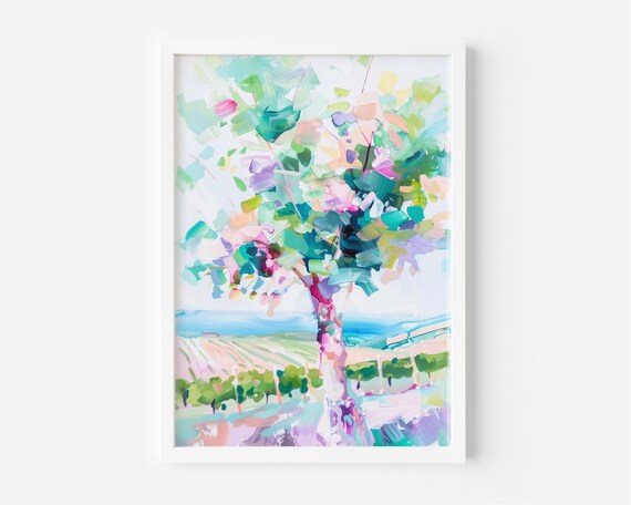 Pastel Tree Overlooking Vineyard Rows Soft Landscape Painting Poster