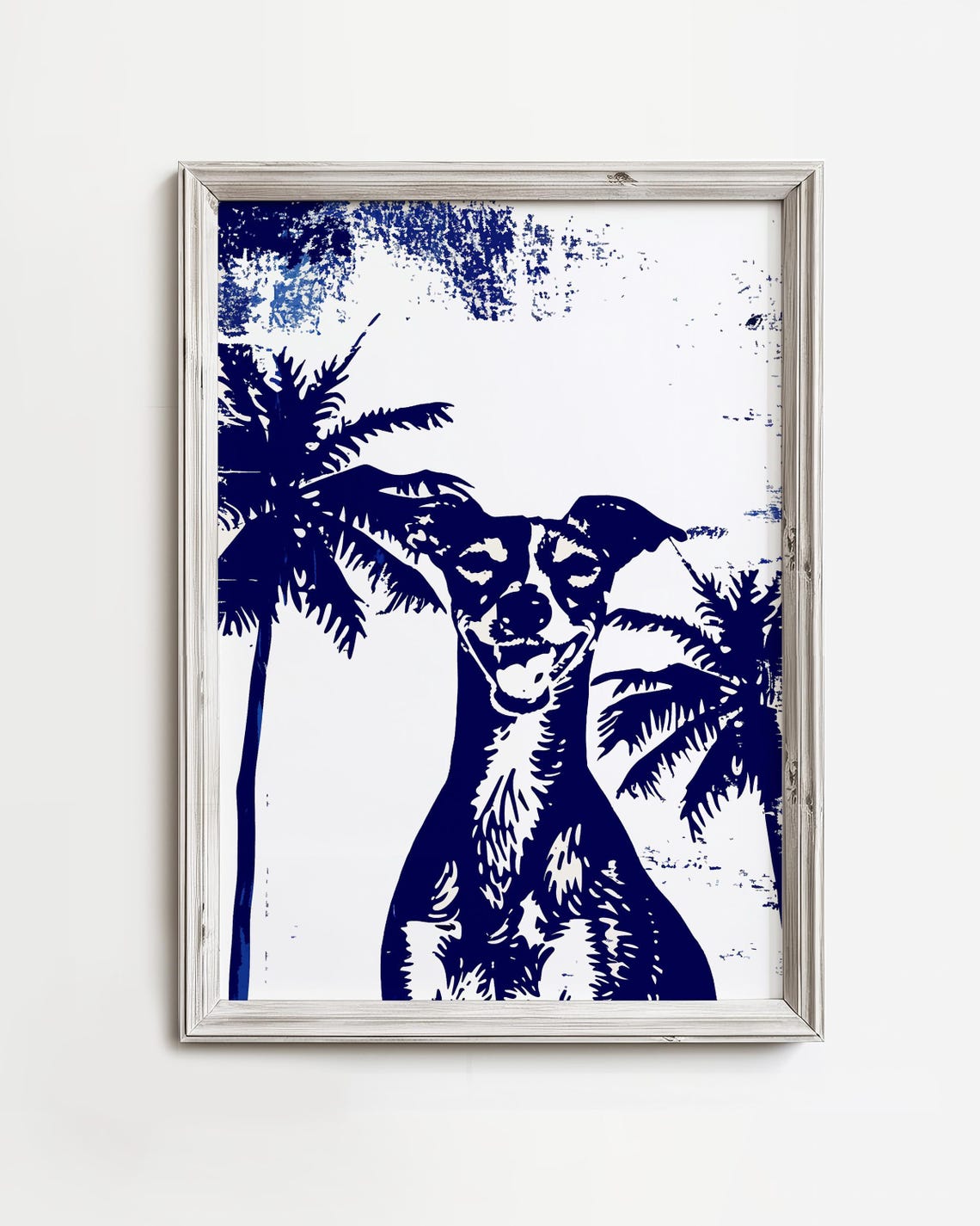 Happy Italian Greyhound Coastal Palm Trees Navy Blue Sketch Poster