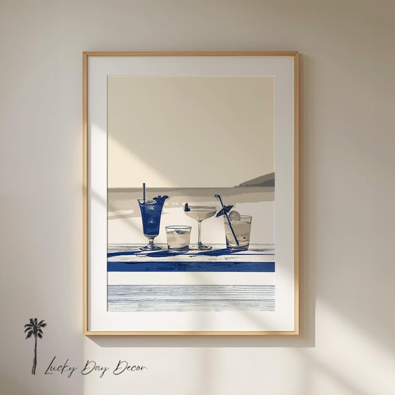 Beach Cocktails Blissful Art Summer Happy Hour Minimalist Decor Nautical Rustic Blue Sketch Coastal Ocean Cottage Print