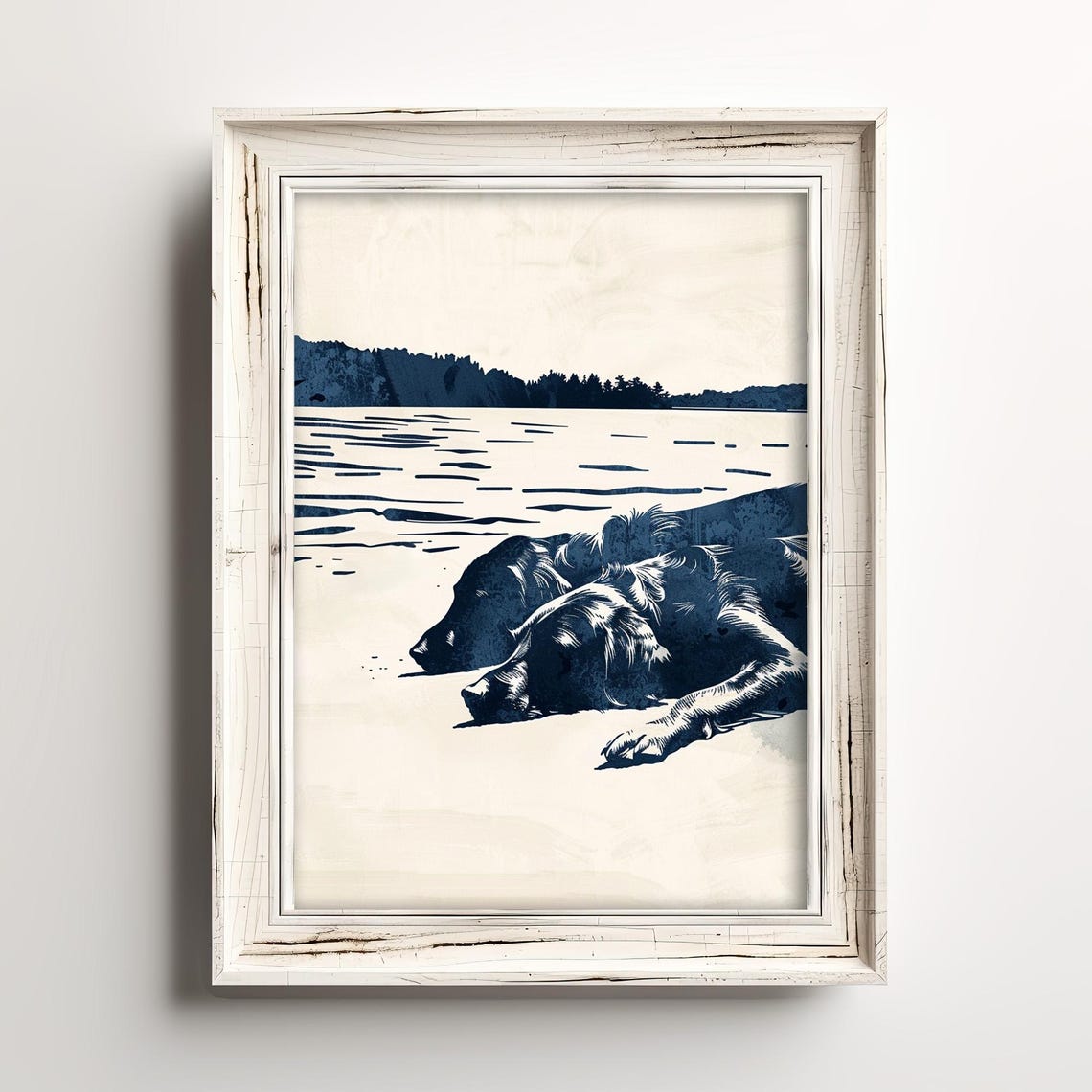 Two Dogs Resting By The Lake Navy Blue Cottage Waterside Art Poster