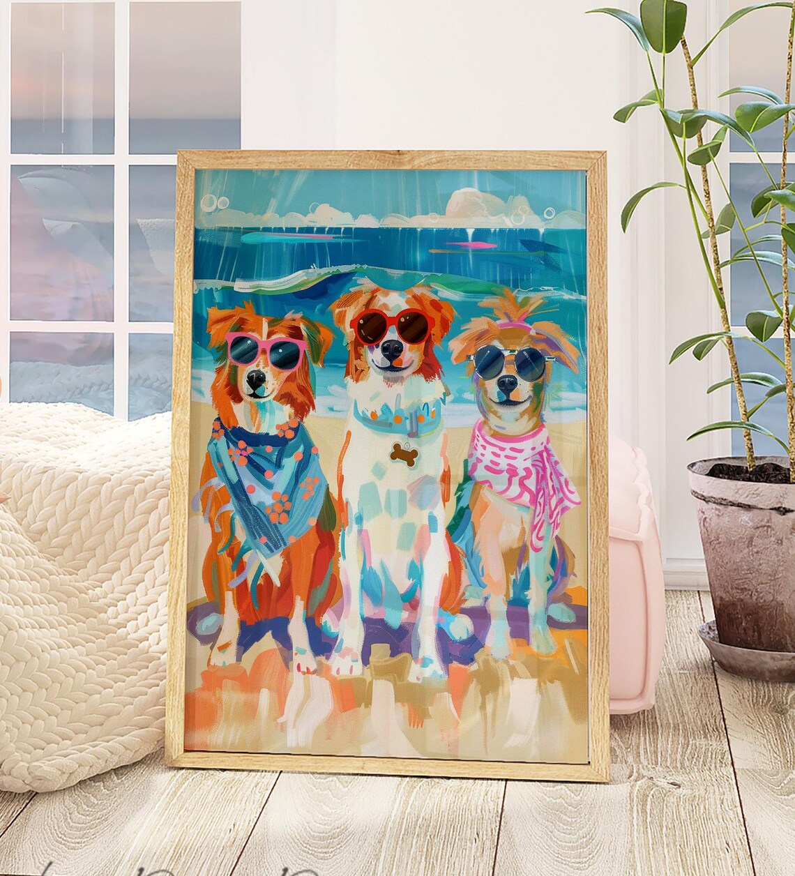 Happy Beach Dogs Brown Coastal Mutts In Hats Canine Heaven Dog Lover Art Oil Painting Print Island Life