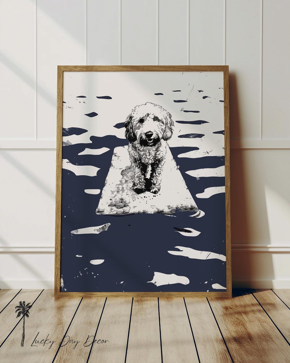 Golden Doodle Floating On A Lake Float Navy Blue Sketch Art Poster