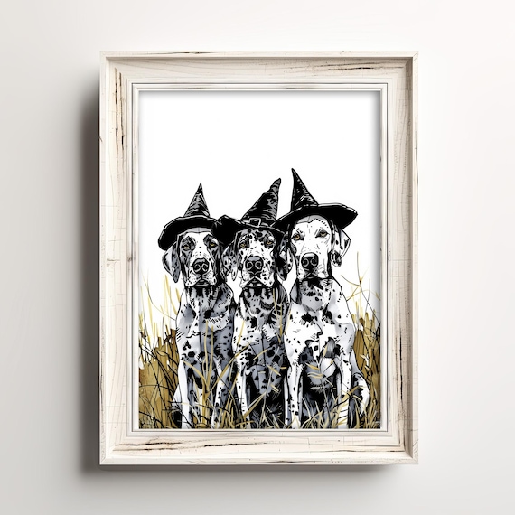Dalmatians In Witch Hats Festive Fall Dog Sketch Art Halloween Lovers Print Autumn Season Wall Decor Brown Black