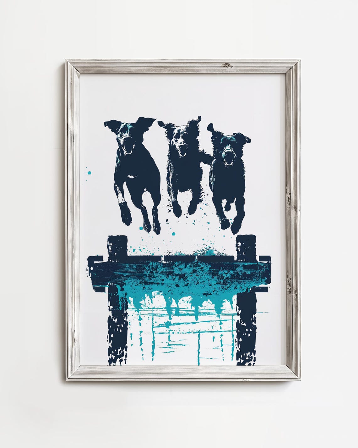 Three Dogs Jumping Off Dock Navy Splash Fun Summer Art Poster
