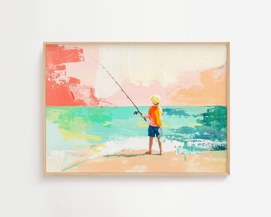 Boy Fishing on Tropical Beach Colorful Abstract Ocean Art Poster