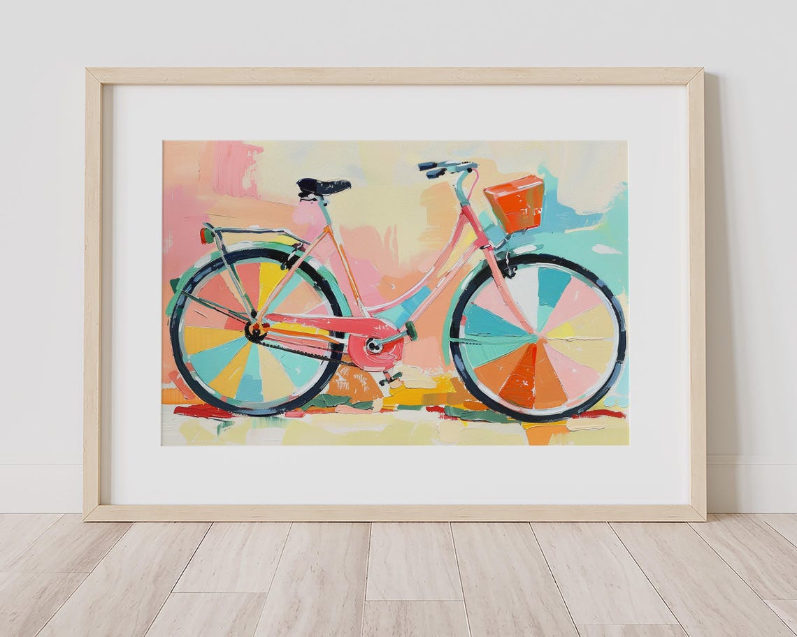 Colorful Pastel Bicycle with Basket Bright Summer Painting Poster