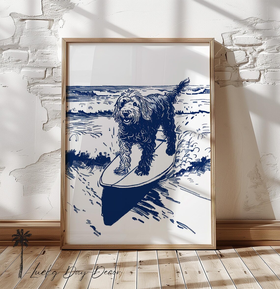 Happy Beach Doodle Surfing Waves Vintage Coastal Art Print