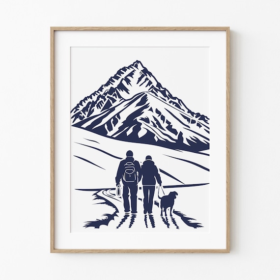 Couple Hiking With Dog Toward Mountain Peak Navy Line Art Couple Gift Poster