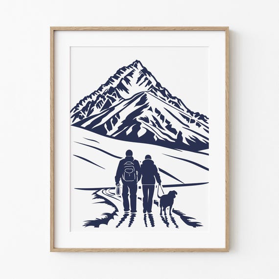 Mom Dad Dog Mountain Walk Outdoor Art Hiking Cabin Decor Navy Blue Transparent Sketch Home Wall For Lover