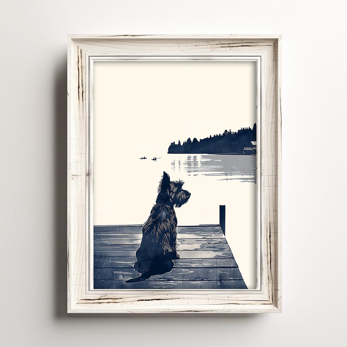 Scottish Terrier Dock Silhouette Navy Watercolor Dog Art Poster