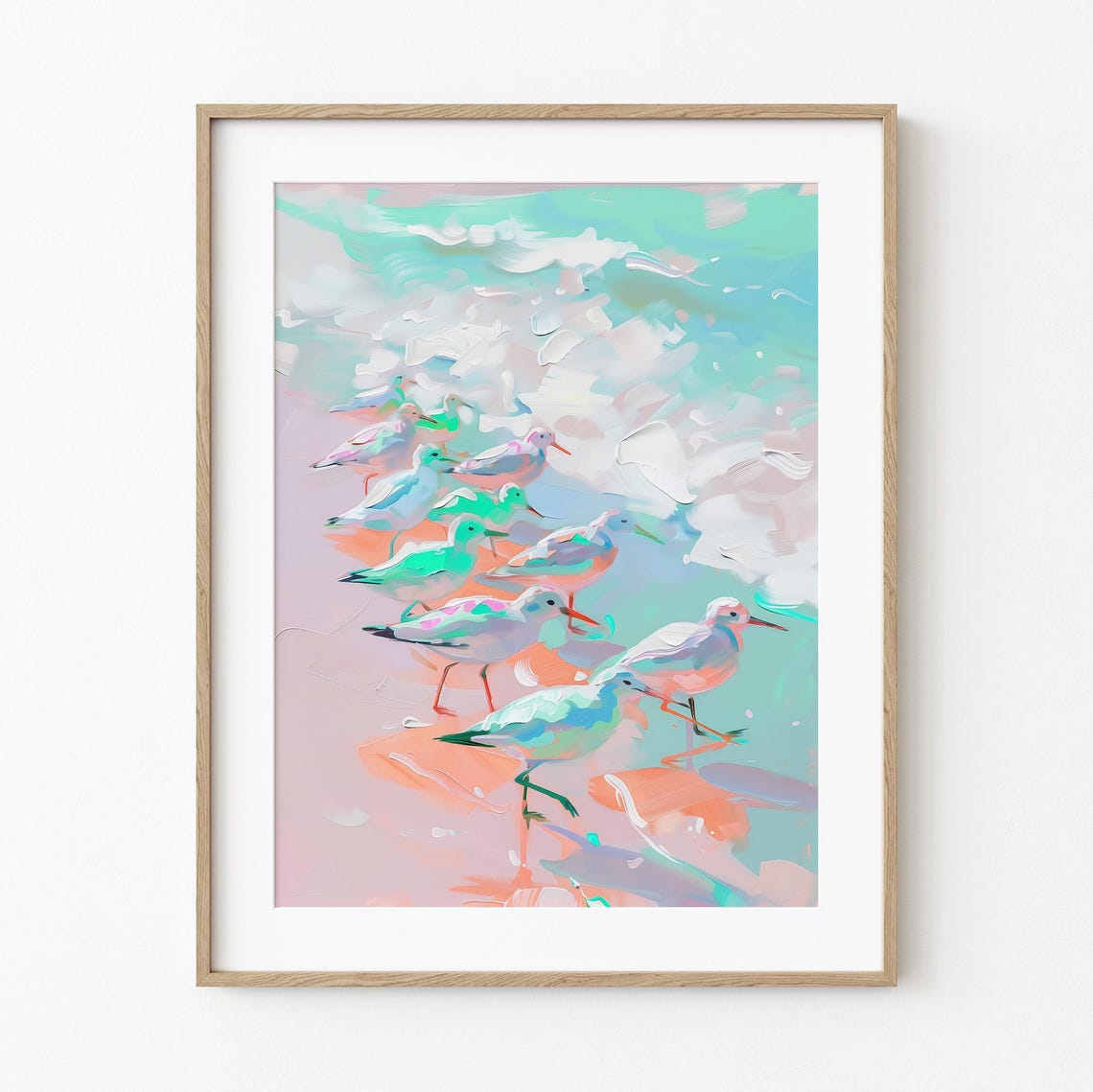 Pastel Sandpipers on the Shore Colorful Ocean Birds Painting Poster