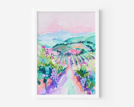 Colorful Vineyard Rows Pastel Painting Wine Country Landscape Poster
