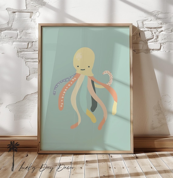 Cute Pastel Octopus Sage Green Minimalist Sea Life Nursery Poster
