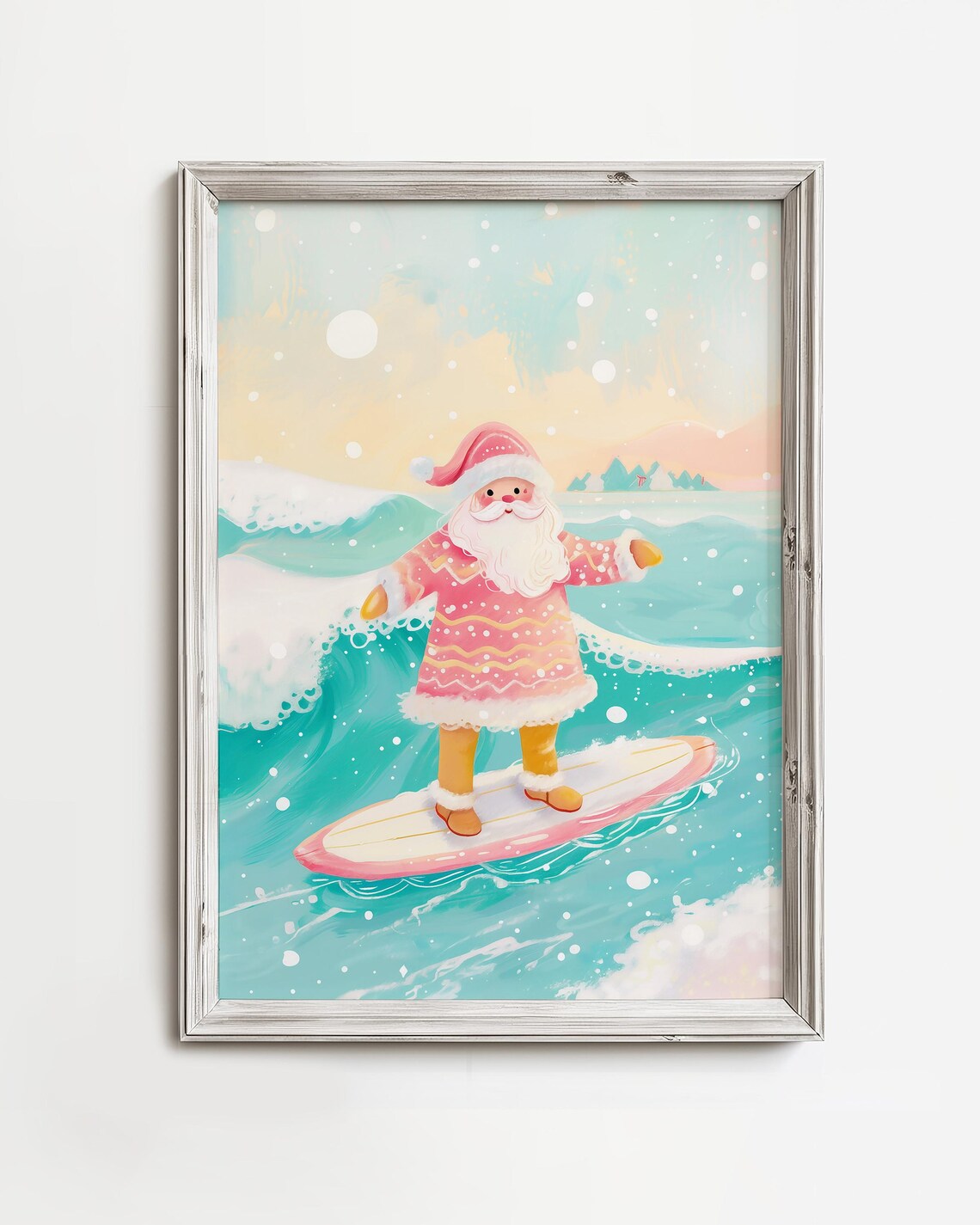 Santa Surfing A Wave, Whimsical Christmas Art Print