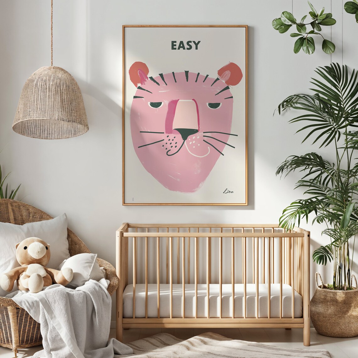 Pink Easy Lion Face Naive Kids Nursery Animal Wall Art Poster - Image 4